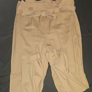 Tan Ankle-Length Pants with High Waist and Textured Fabric
